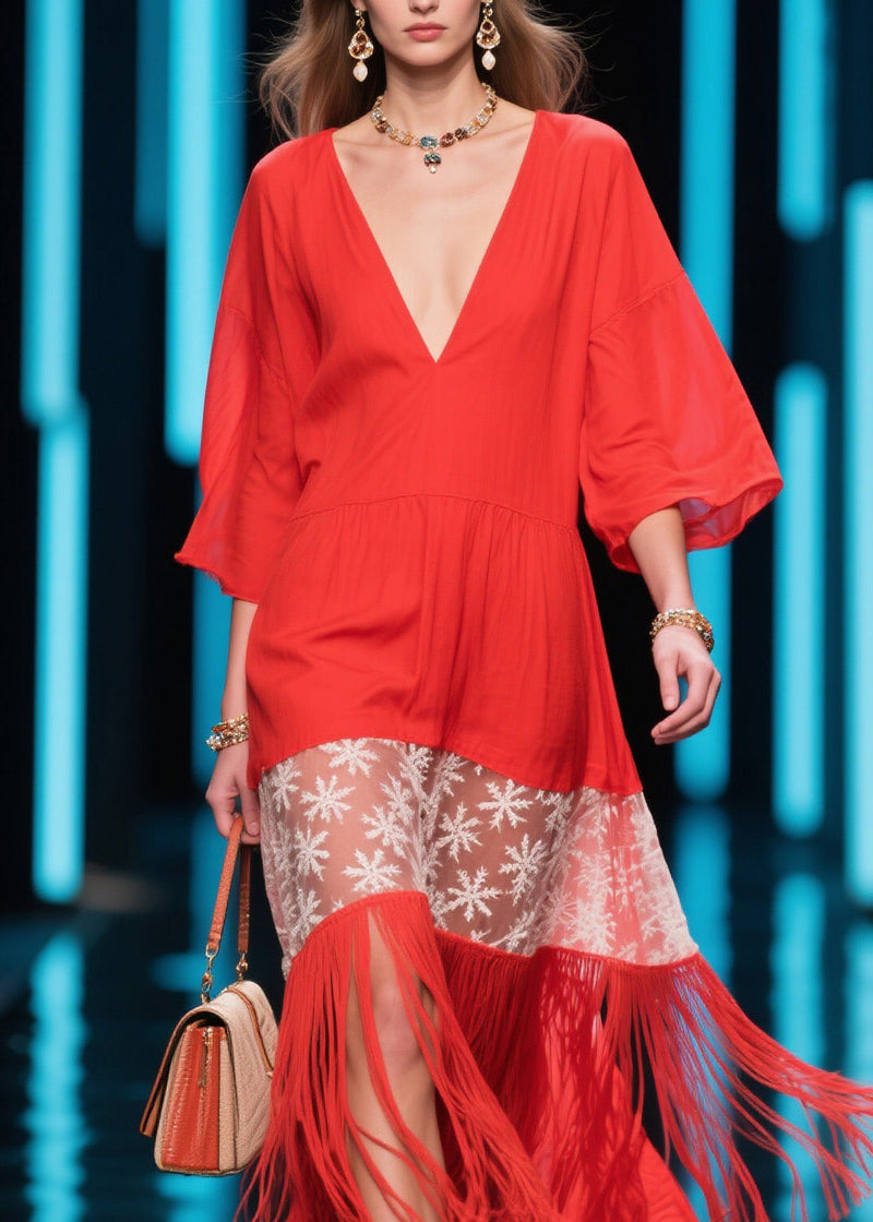 Red V Neck Print Tassel Cotton Dress Summer