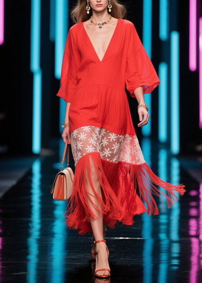 Red V Neck Print Tassel Cotton Dress Summer