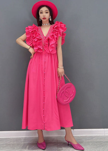 Red V Neck Ruffles Cotton Long Dresses Vestidos Sleeveless