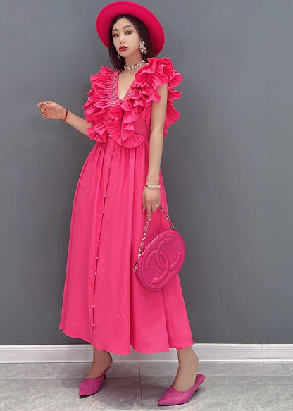 Red V Neck Ruffles Cotton Long Dresses Vestidos Sleeveless