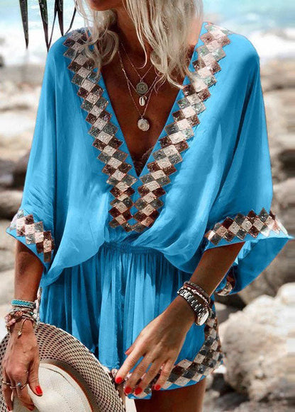 Red V Neck Wrinkled Elastic Waist Print Mid Dress Half Sleeve