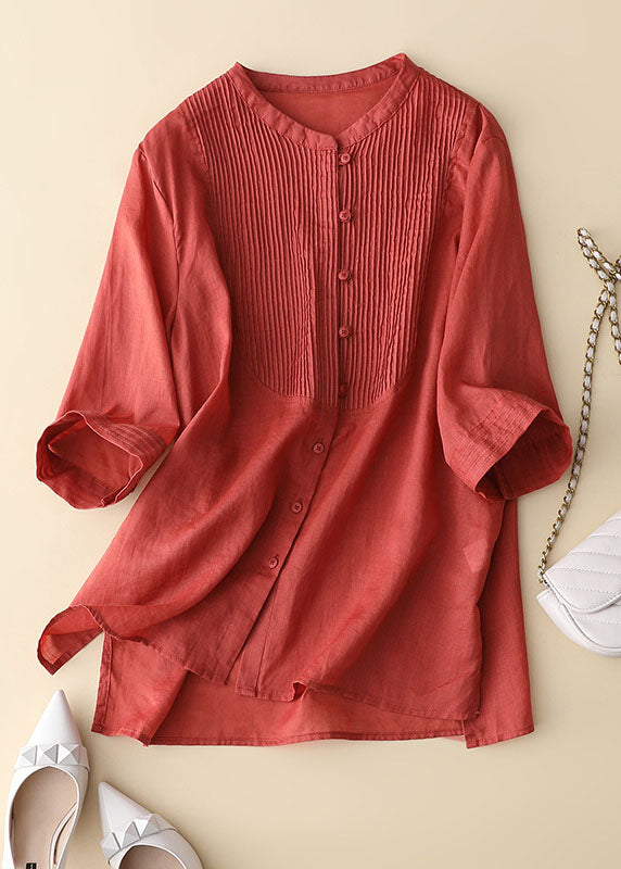 Red Wrinkled Patchwork Linen Shirt Tops Bracelet Sleeve