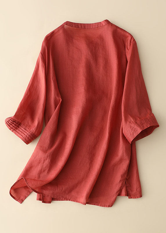 Red Wrinkled Patchwork Linen Shirt Tops Bracelet Sleeve