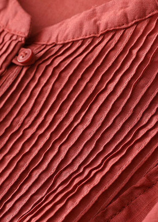 Red Wrinkled Patchwork Linen Shirt Tops Bracelet Sleeve
