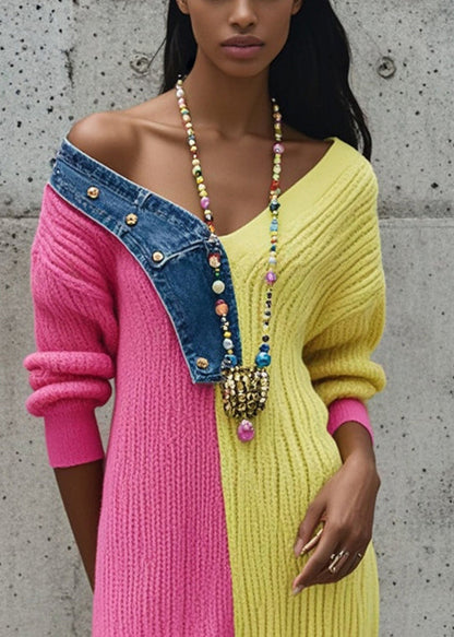 Rose Asymmetrical Patchwork Denim Knitted Dress Fall