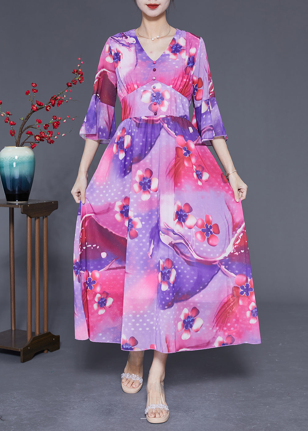 Rose Cinched Patchwork Print Silk Vacation Dress Summer