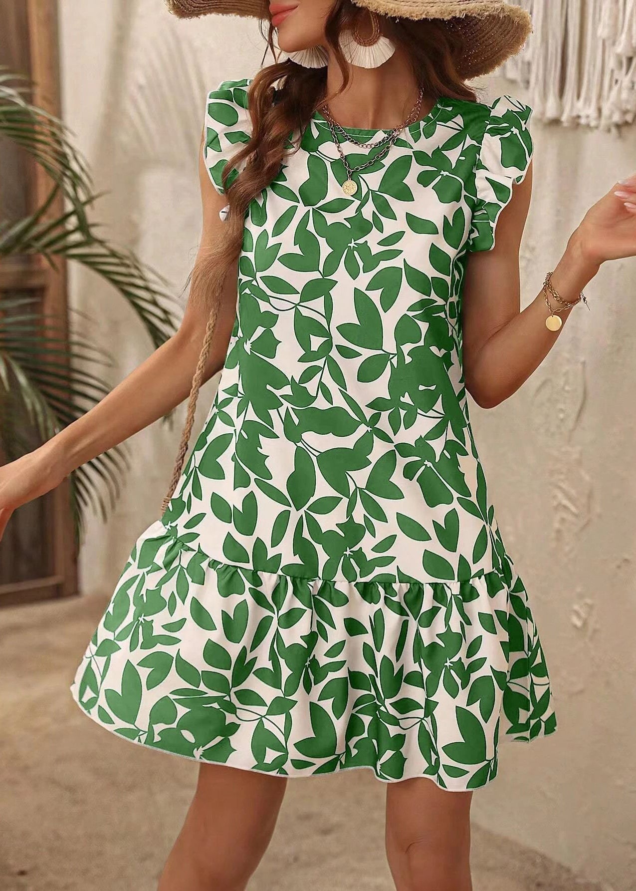 Rose O Neck Print Cotton Mid Dress Butterfly Sleeve