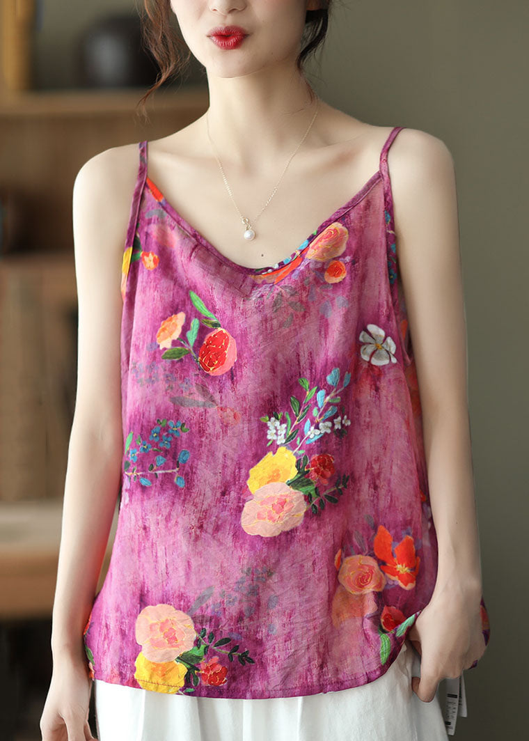 Rose O Neck Print Patchwork Linen Tank Sleeveless