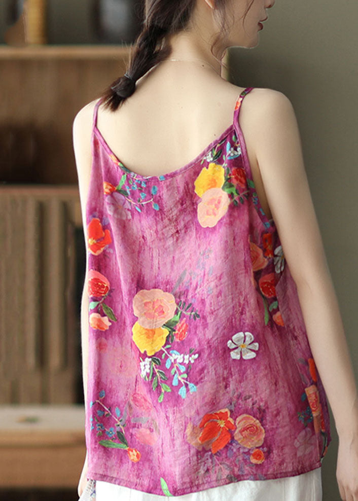 Rose O Neck Print Patchwork Linen Tank Sleeveless