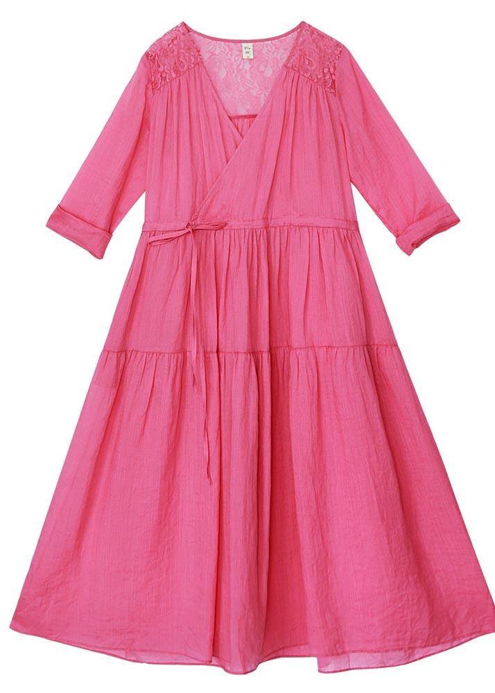 Rose Patchwork Lace Pockets Maxi Summer Linen Dress