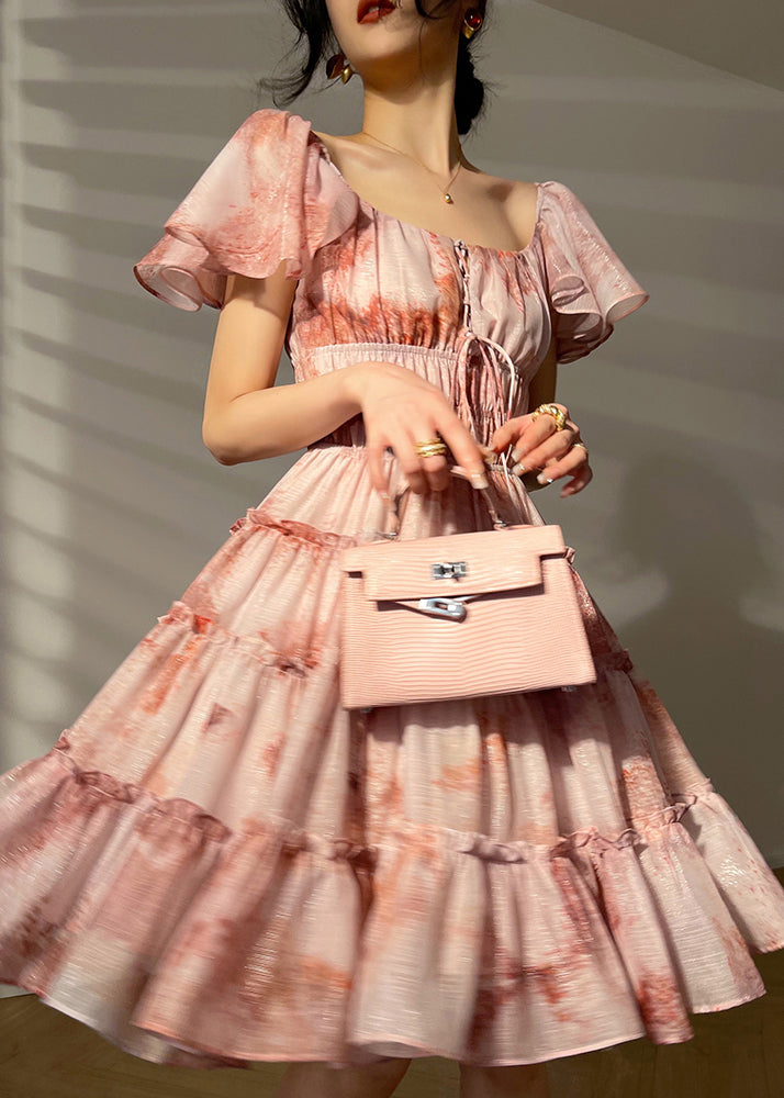 Square Collar Print Chiffon Mid Dresses Short Sleeve