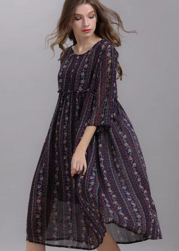 Striped O Neck Wrinkled Patchwork Chiffon Dresses Half Sleeve
