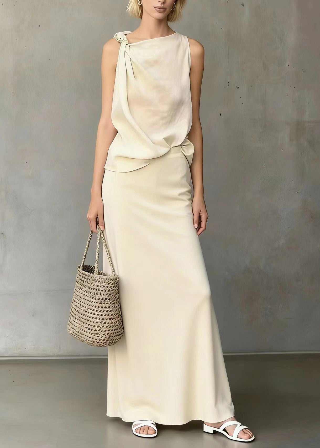 White Asymmetrical Shoulder Knotted Cotton Two Pieces Set Sleeveless