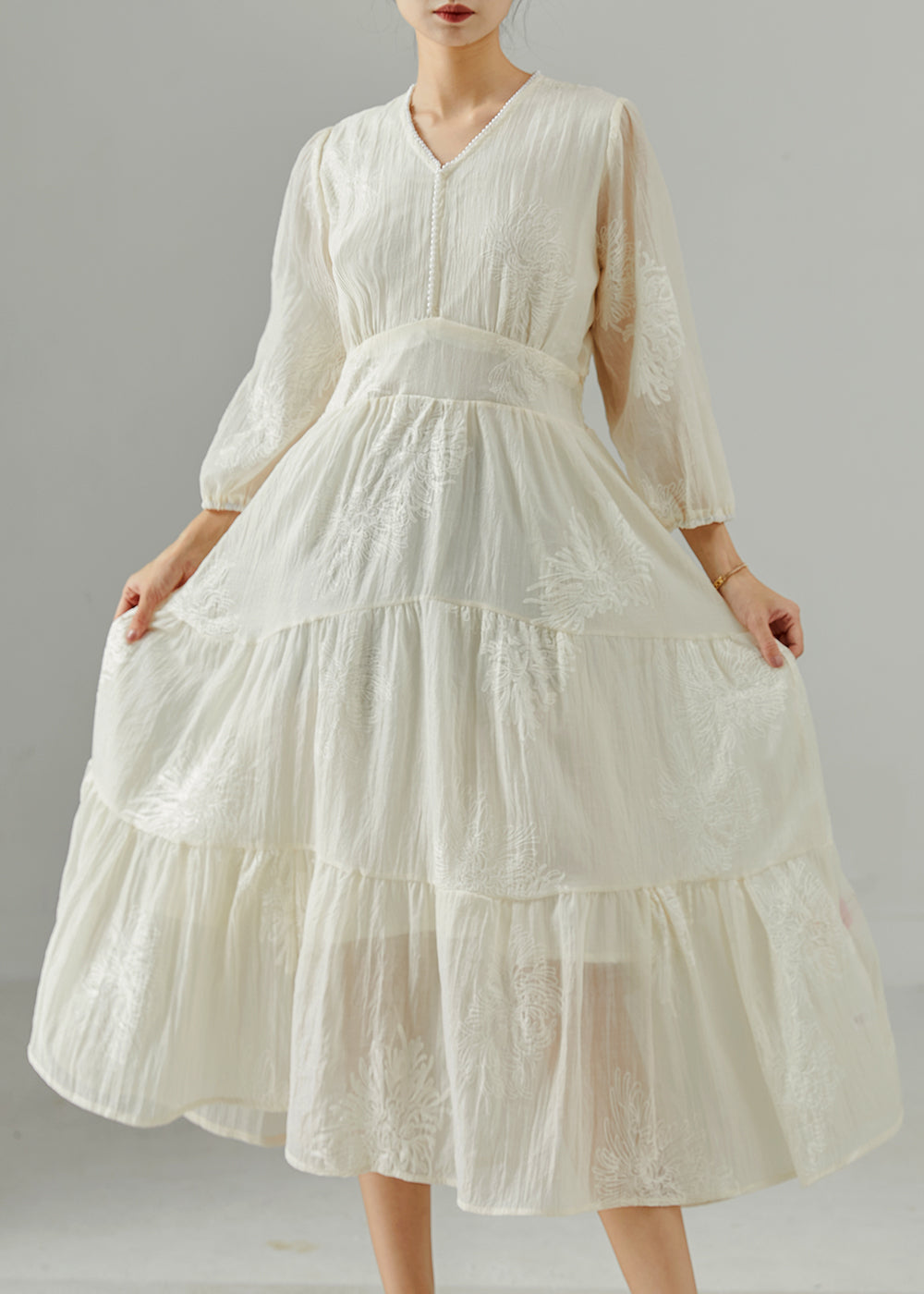 White Embroidered Exra Large Hem Cotton Dress Summer