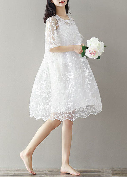 White Embroideried Lace Patchwork Tulle Mid Dress Summer