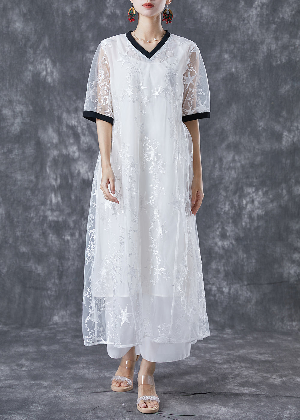 White Hollow Out Patchwork Star Print Tulle Maxi Dress Summer