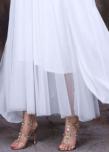 White O-neck Asymmetrical Design Chiffon Cloak Dress Batwing Sleeve