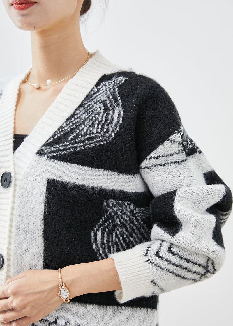White Oversized Print Button Down Knit Cardigans Fall