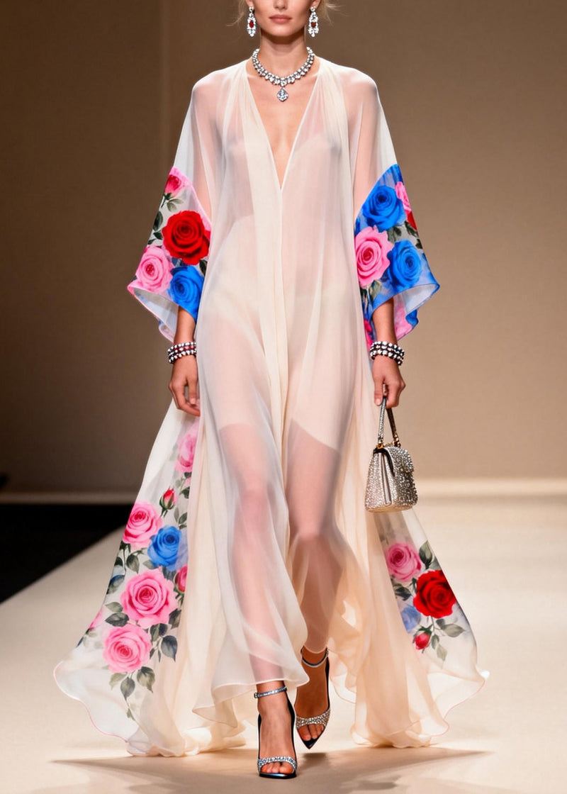 White Oversized Print Chiffon Vacation Dresses Summer
