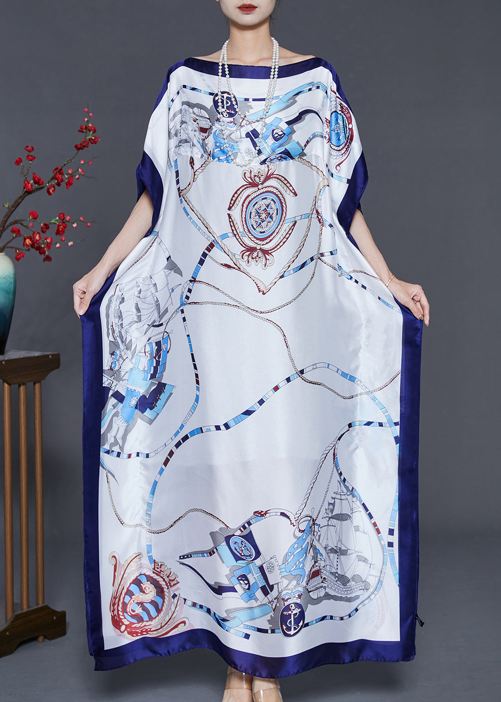 White Oversized Print Silk Maxi Dress Summer