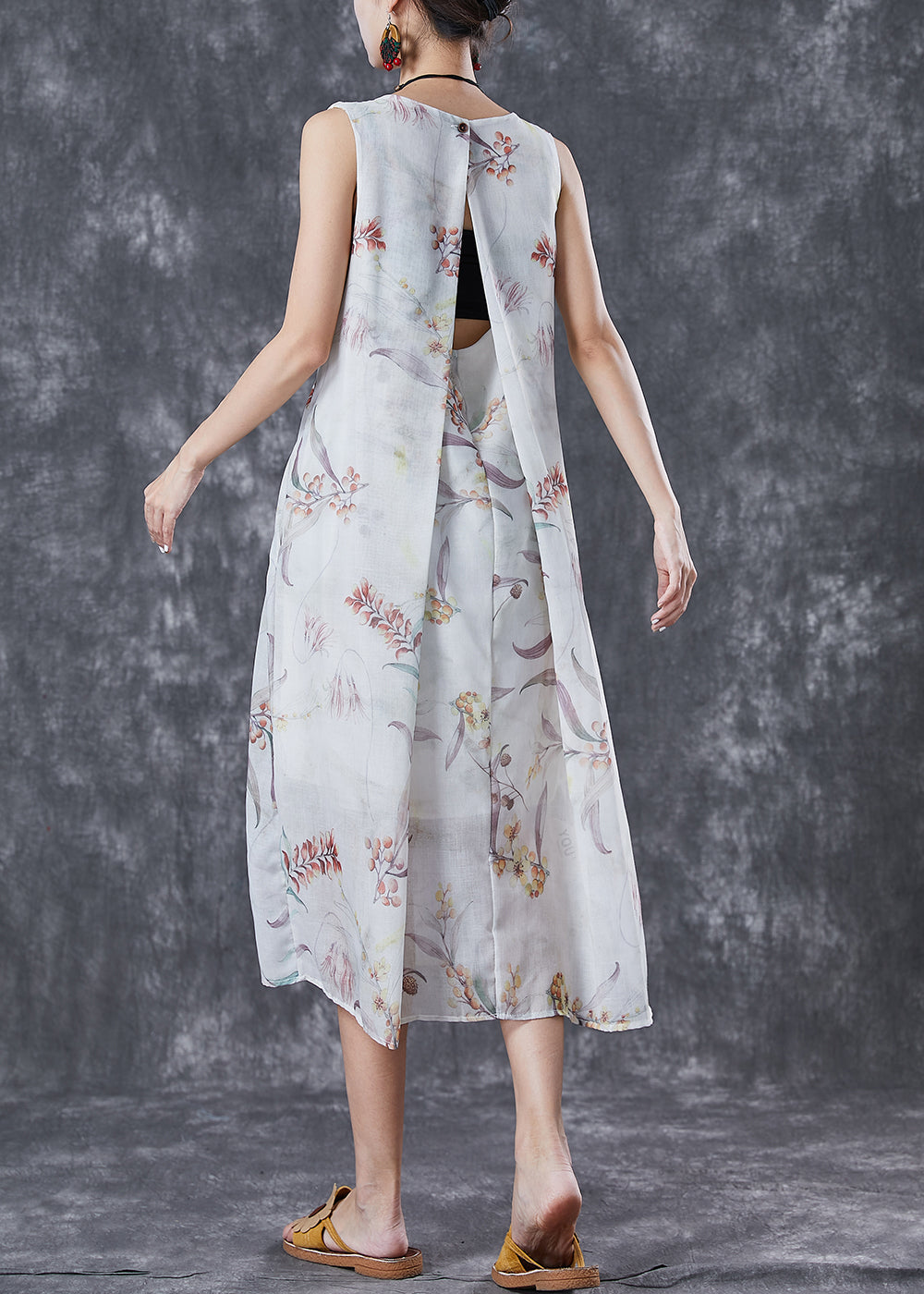 White Print Backless Linen Holiday Dress Summer
