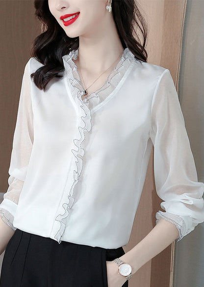White Ruffled Patchwork Silk Blouses Long Sleeve