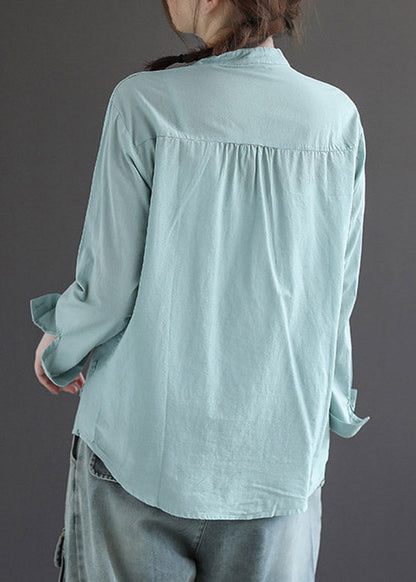White Stand Collar Embroideried Button Cotton Shirt Long Sleeve