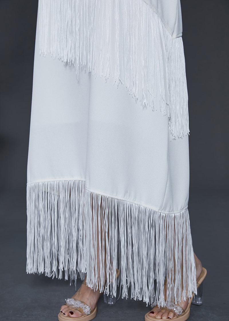 White Tasseled Chiffon Spaghetti Strap Dress Summer