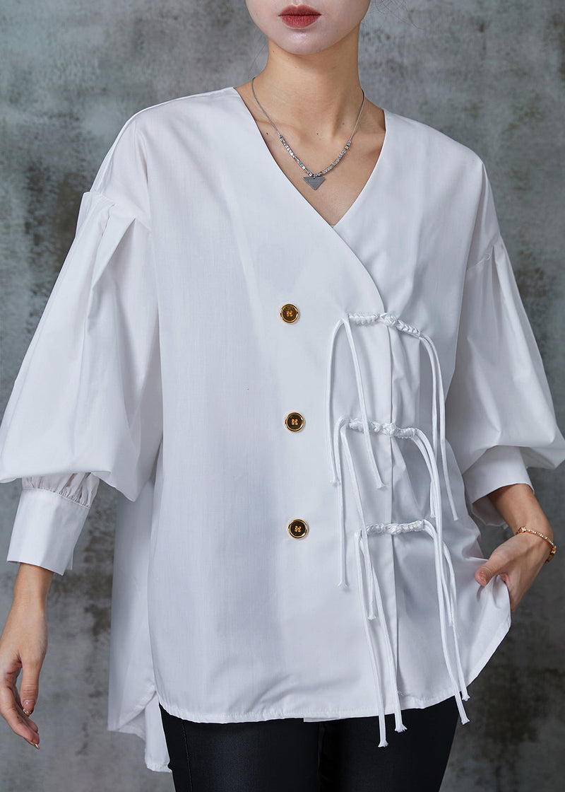 White Tasseled Cotton Oriental Shirt Tops Spring