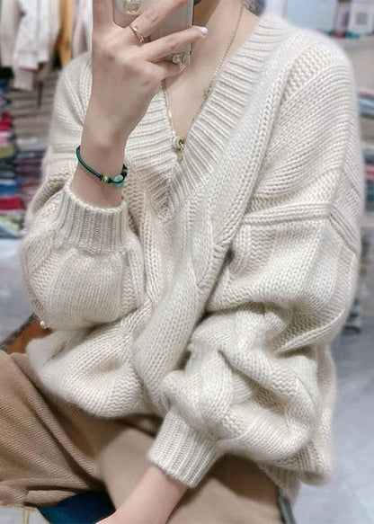 White V Neck Cozy Cable Knit Sweater Tops Winter