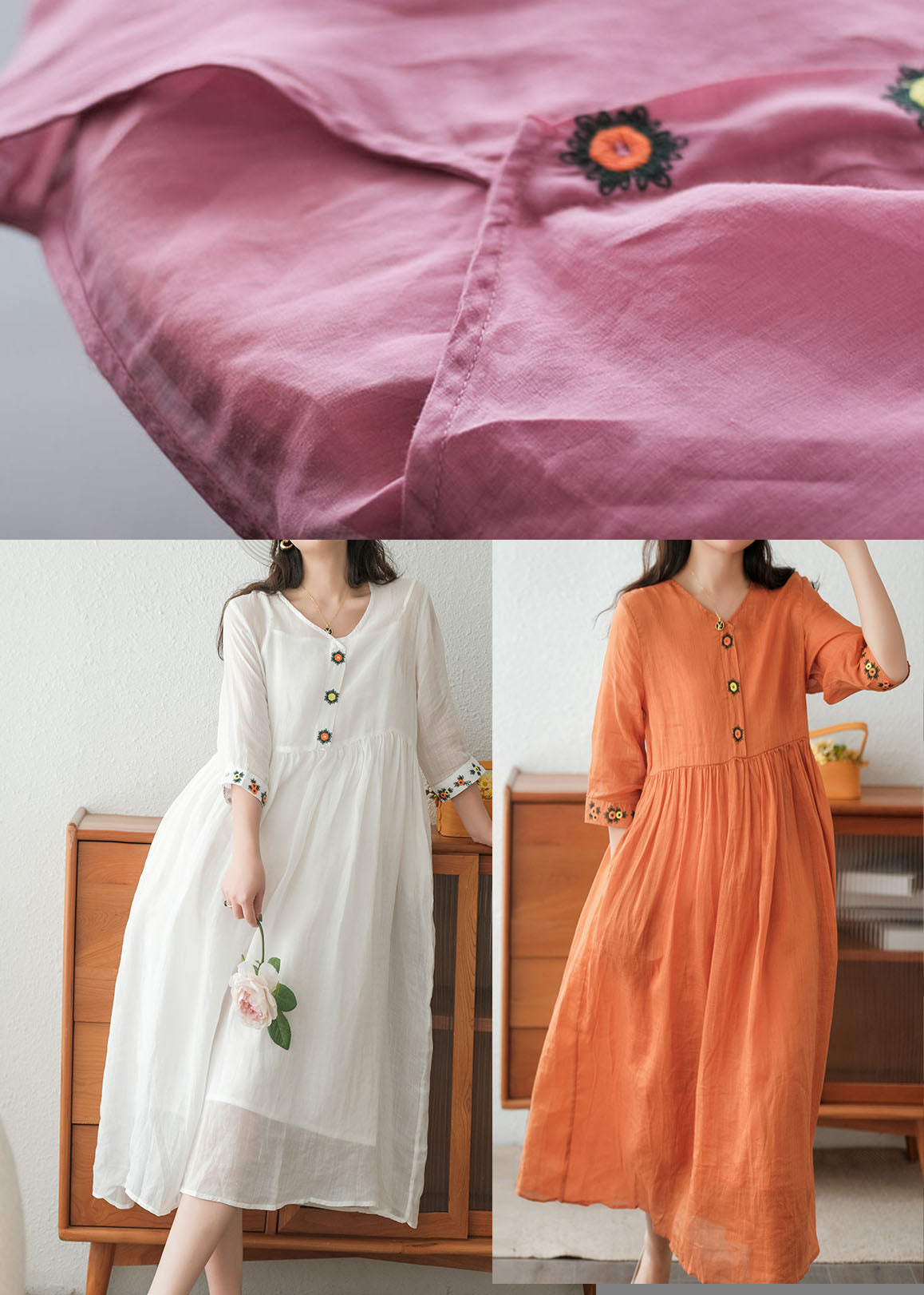 White V Neck Embroideried Linen Dress Two Piece Set Clothing Summer