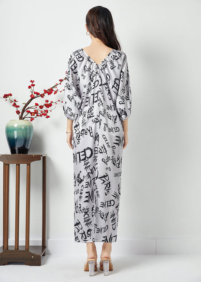 White V Neck Letter Print Wrinkled Chiffon Long Dress Batwing Sleeve
