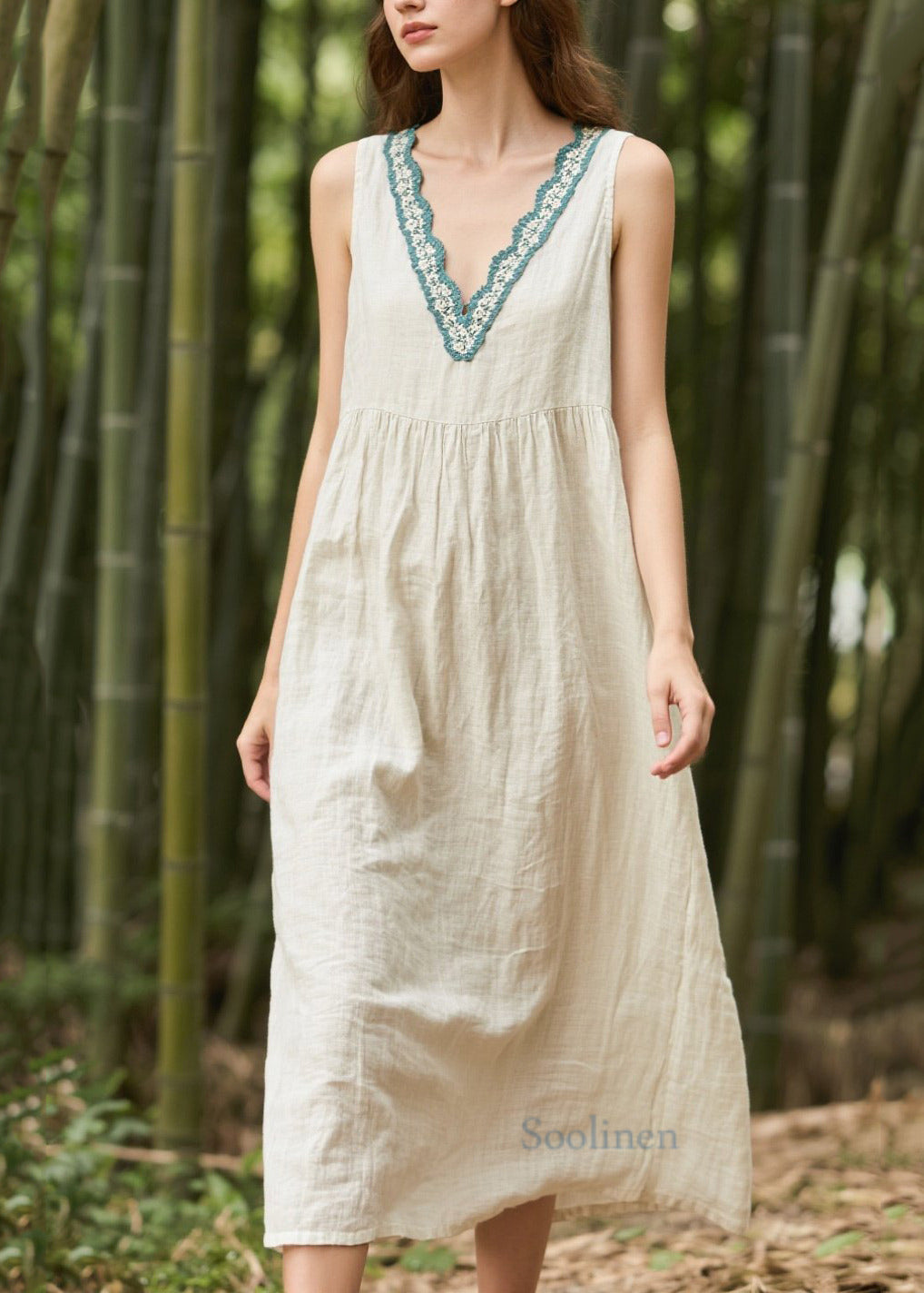 White V Neck Patchwork Linen Straight Dress Sleeveless