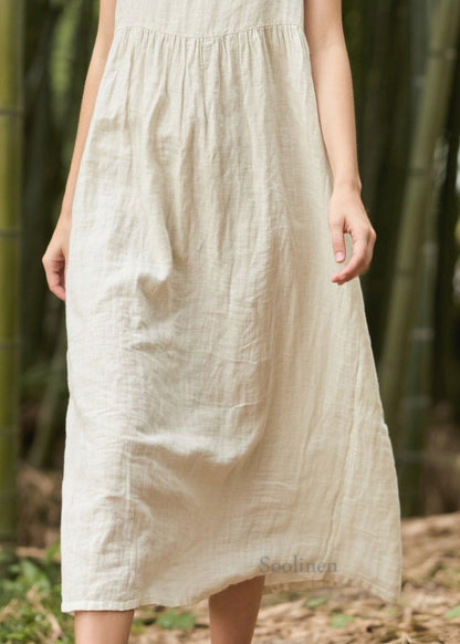 White V Neck Patchwork Linen Straight Dress Sleeveless