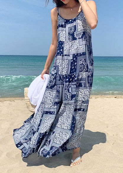 Sleeveless O-neck Printed Maxi Tank Dress Blue
