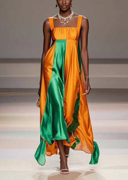 Yellow Asymmetrical Patchwork Silk Cami Dresses Summer