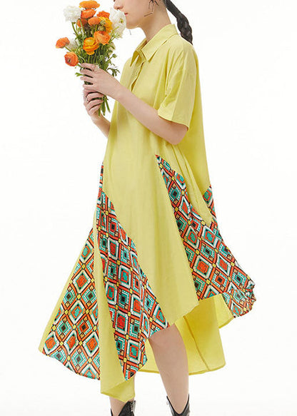 Yellow Asymmetrical Print Patchwork Chiffon Shirts Dresses Summer
