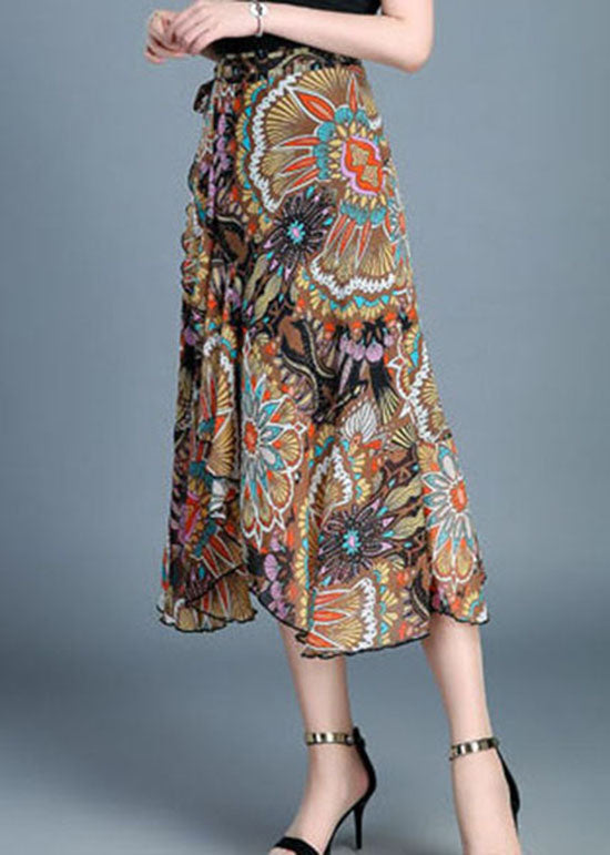 Yellow Asymmetrical Ruffles Dotted Daisy Print Chiffon Skirts Summer