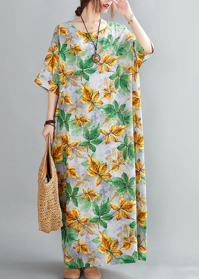 Yellow Green O-neck Leaf Print Cotton Long Dress Short Sleeve