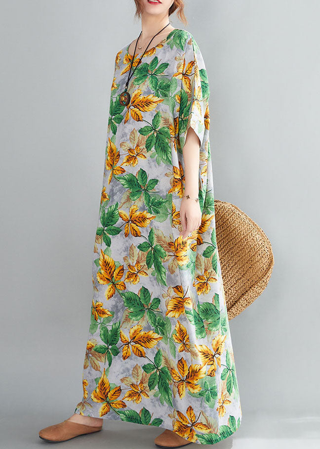 Yellow Green O-neck Leaf Print Cotton Long Dress Short Sleeve
