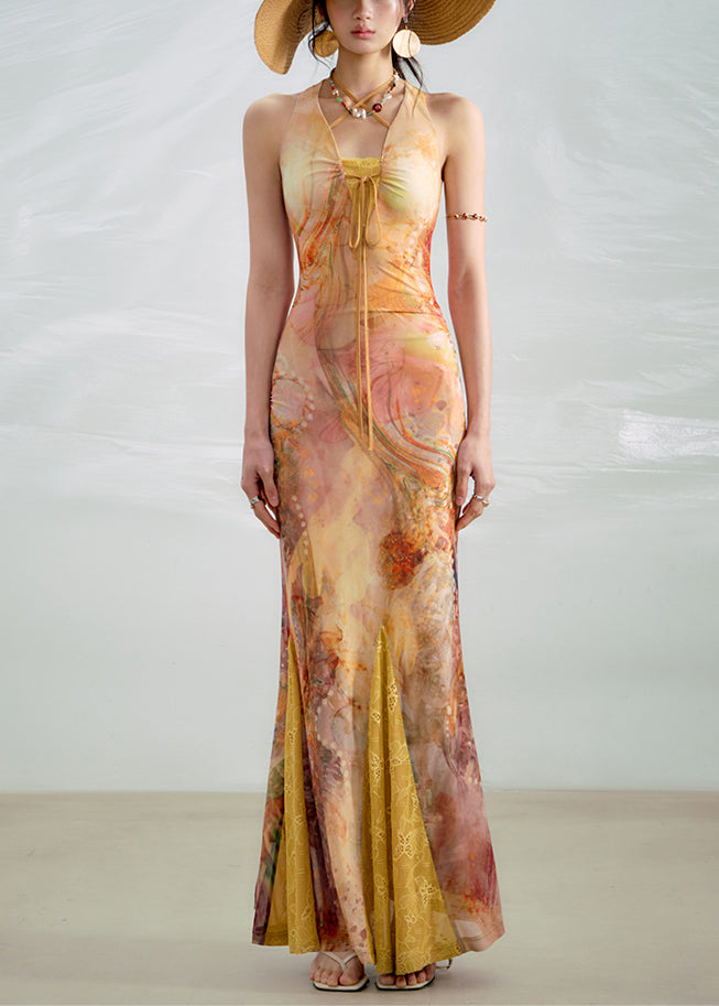Yellow Lace Up Print Lace Ankle Dress Summer