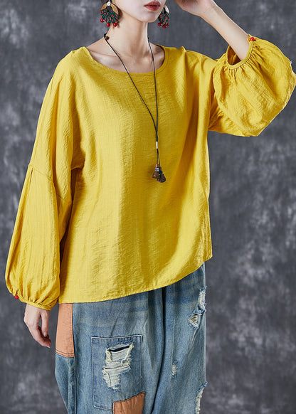 Yellow O-neck Oversized Nail Bead Cotton Top Lantern Sleeve