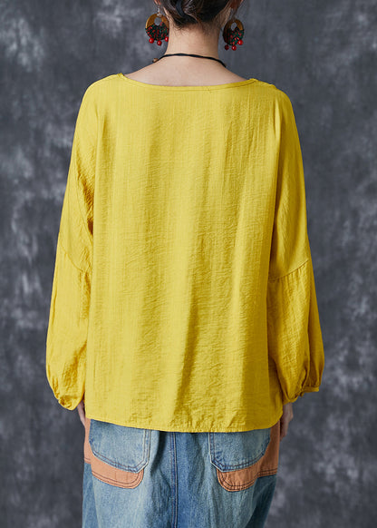 Yellow O-neck Oversized Nail Bead Cotton Top Lantern Sleeve