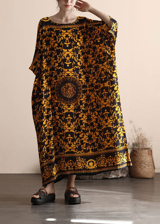 Yellow O Neck Print Patchwork Cotton Beach Dress Summer