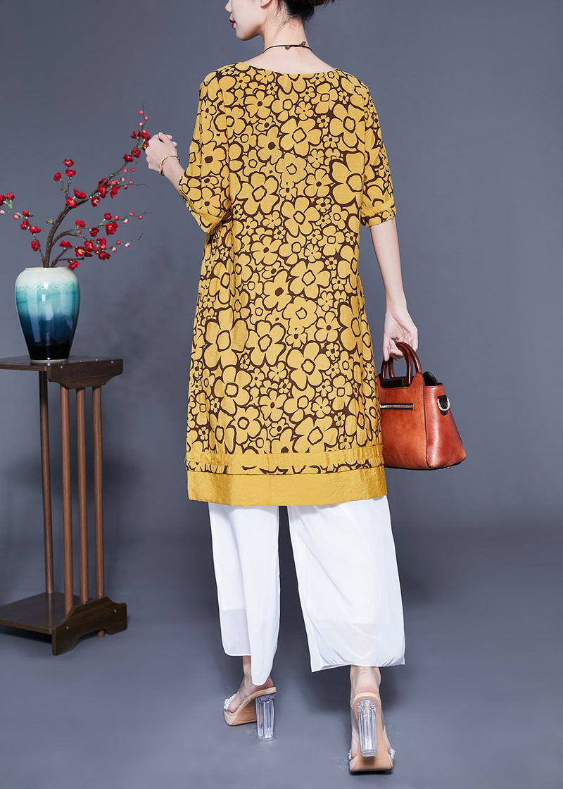 Yellow O-neck Print Silk Maxi Dress Summer