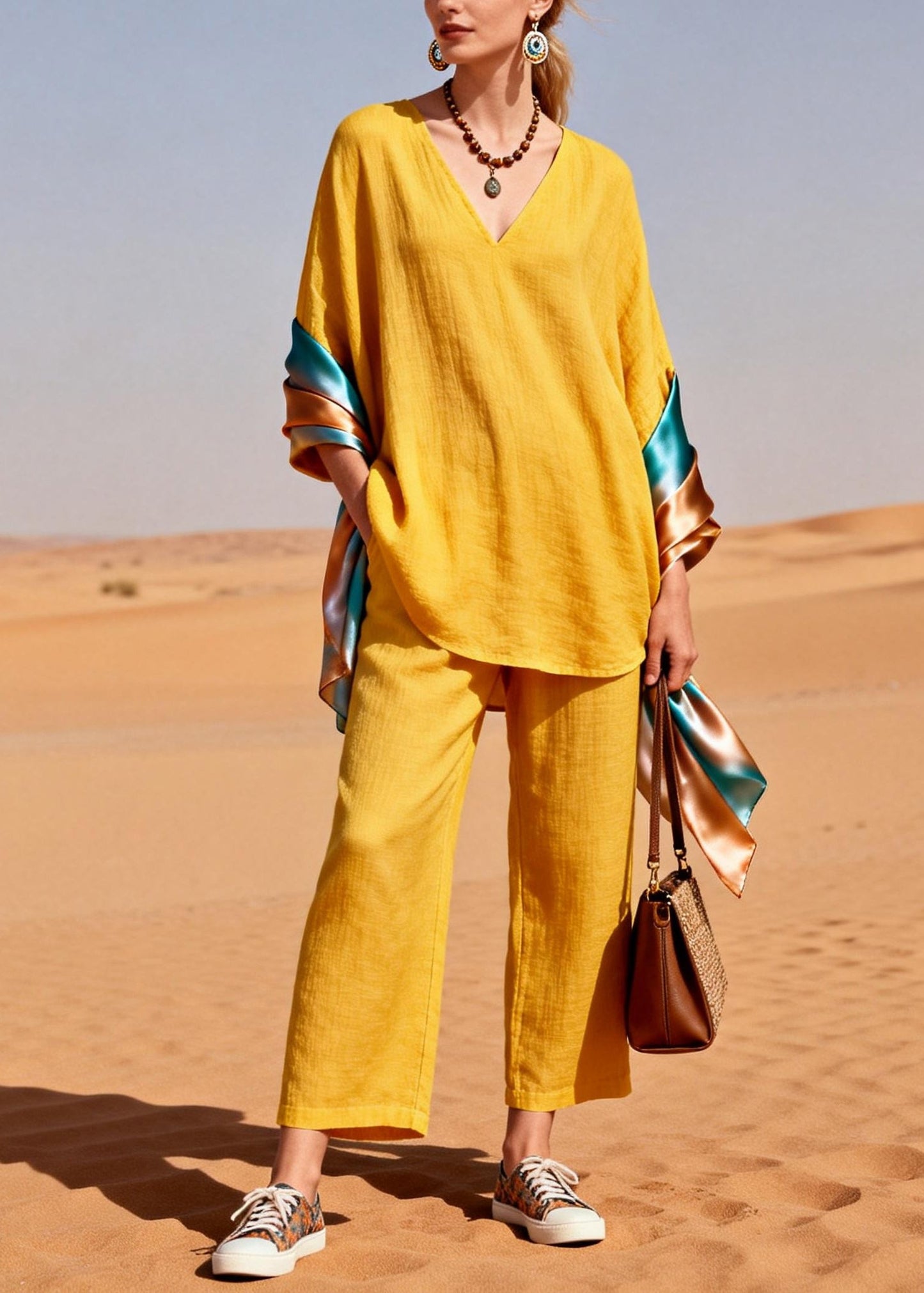Yellow Oversized Patchwork Shawl Cotton Two Piece Set Clothing Spring