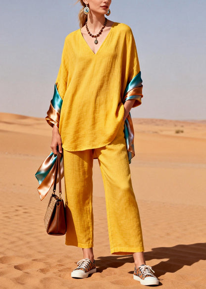 Yellow Oversized Patchwork Shawl Cotton Two Piece Set Clothing Spring