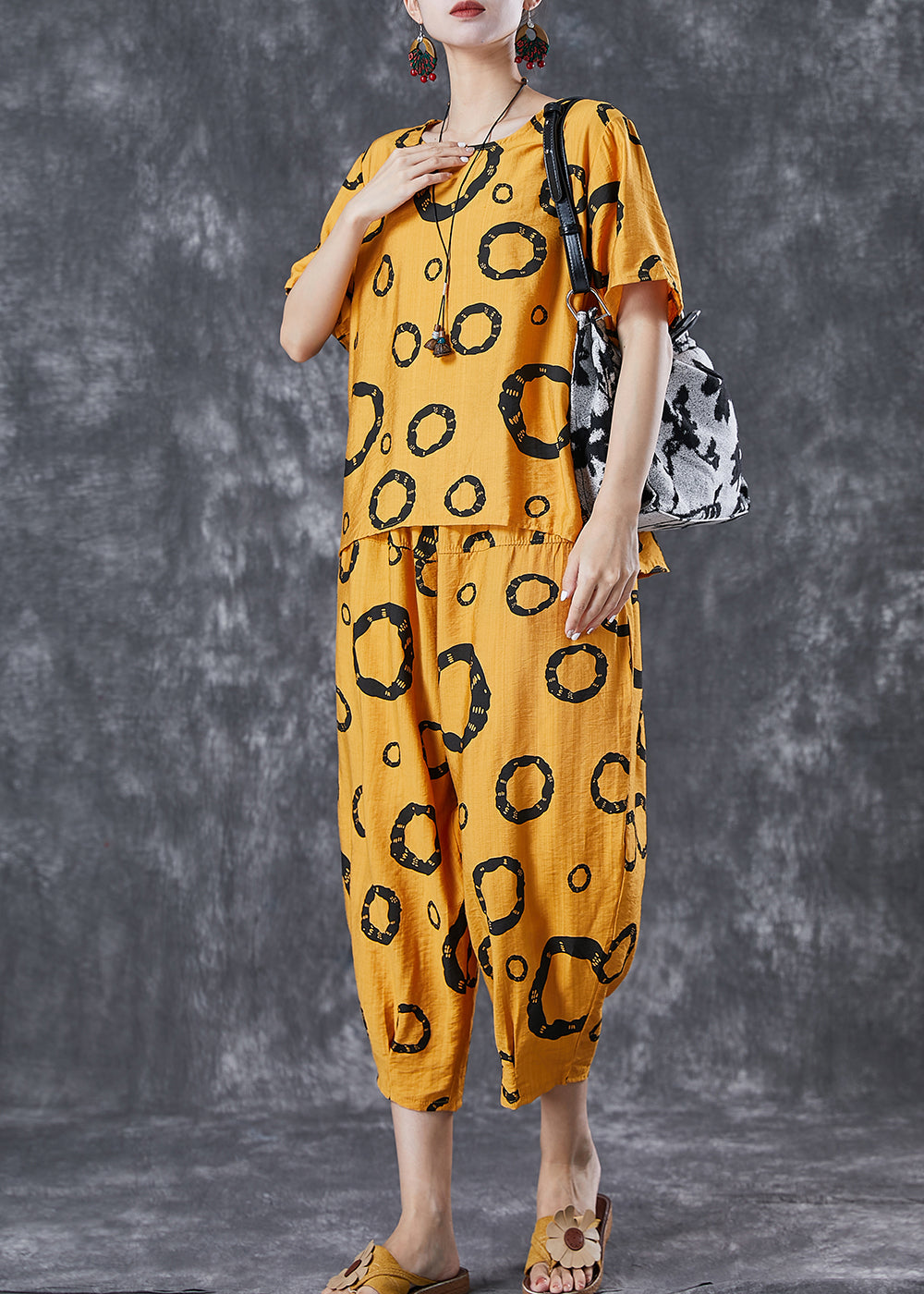 Yellow Oversized Print Cotton Two Pieces Set Summer