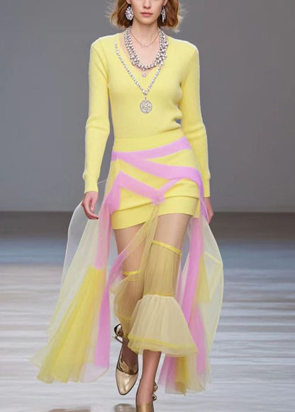 Yellow Patchwork Tulle Long Knit Dress Fall