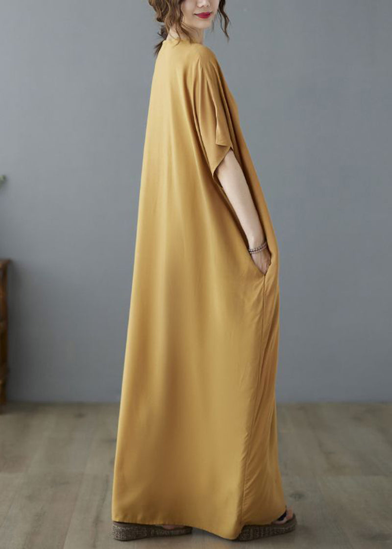 Yellow V Neck Embroideried Cotton Long Dresses Summer